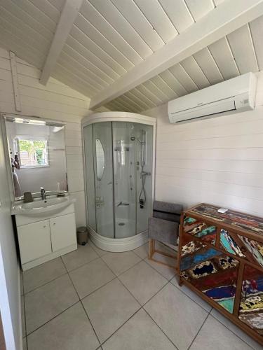 a bathroom with a shower and a sink at Villa Gainsbourg in Andernos-les-Bains
