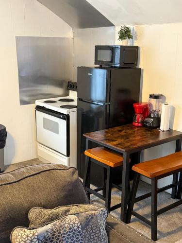 a kitchen with a refrigerator and a table with a microwave at Two Bedroom Villa Studio with fireplace & Living room in Detroit