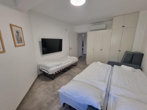 a room with two beds and a flat screen tv at Reimond's place - Nahal Hilazon נחל חילזון in Karmiel