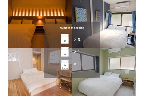a collage of four pictures of a bedroom at Forest Japandi House in Osaka