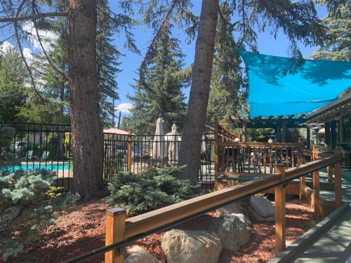 a fence with trees and a swimming pool at Station House Inn South Lake Tahoe in South Lake Tahoe