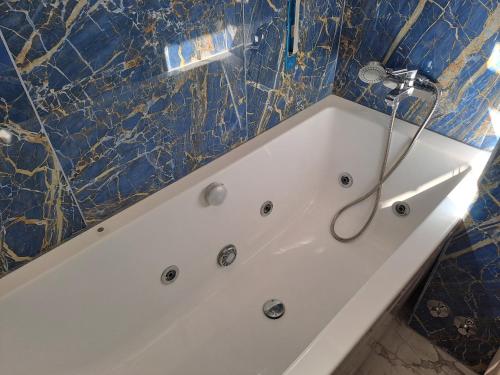 a white bath tub with a shower in a bathroom at The bathers' Home in Nettuno
