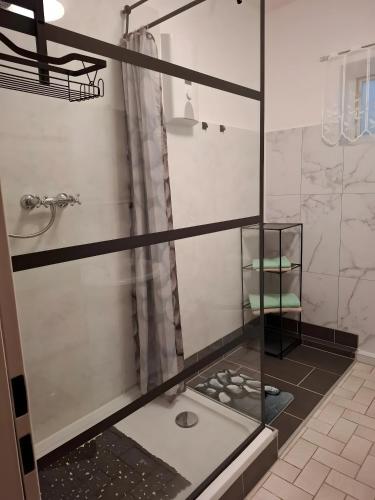 a bathroom with a shower with a glass door at Ferienwohnung Astrid in Melschede