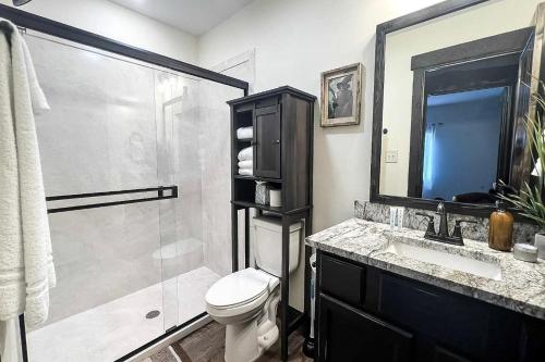 a bathroom with a shower and a toilet and a sink at The Ancient Bears Den By Avada Properties in Union Grove