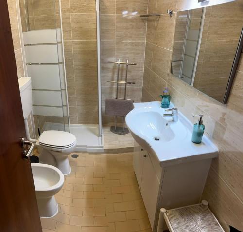 a bathroom with a toilet and a sink and a shower at Tropical House in Carvoeiro
