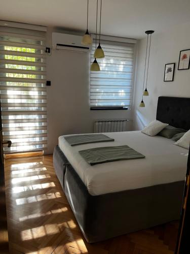 a bedroom with a large bed and two windows at Apartman Darvin / Lux in Belgrade