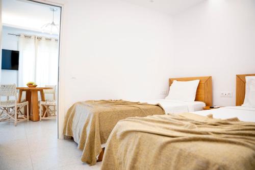 a bedroom with two beds and a mirror at Due Mari Mykonos in Agios Ioannis Mykonos
