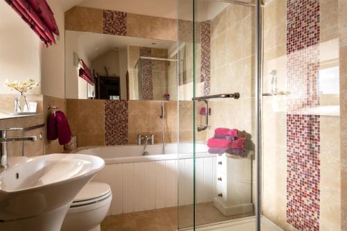 a bathroom with a toilet and a sink and a shower at Heather Cottage in Kirk Ireton