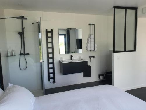 a bedroom with a bed and a sink and a mirror at Maison De Campagne Proche de La Mer in Brandérion
