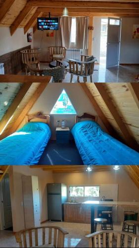 two pictures of a room with a large blue bed at Complejo de Cabañas y Comidas Ruta 43 in Chos Malal