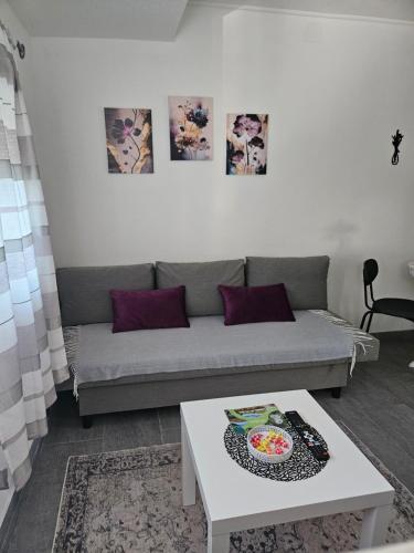 a living room with a couch and a table at Tiny House Ciciban - self check in and check out in Otočac