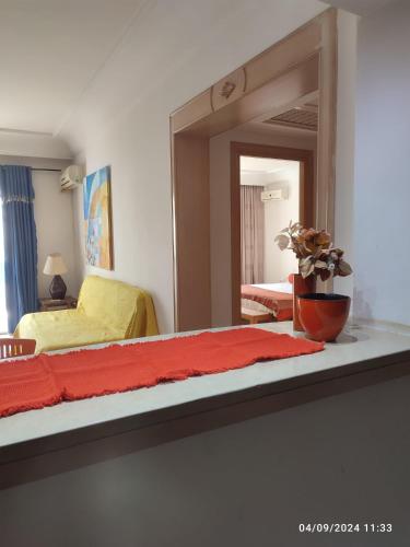 a bedroom with a bed with a mirror and a potted plant at L'habiba in Hammamet Sud