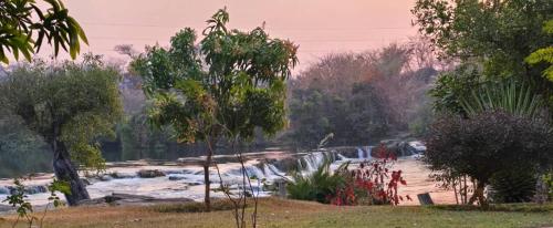 a waterfall in front of a river with trees at Mutanda Georgie's Bar & Grill in Mutanda