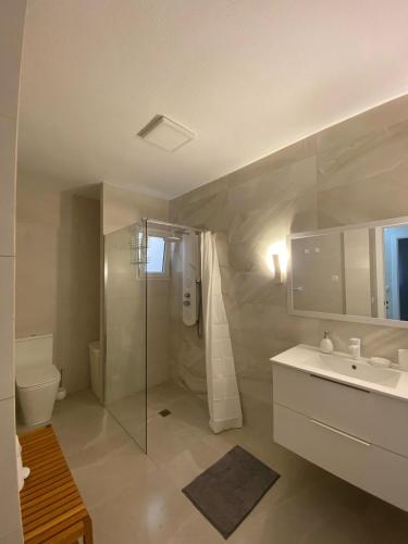 a bathroom with a shower and a sink and a toilet at Aparthaus Olive in Torrevieja