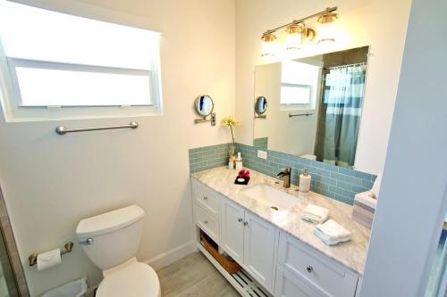 a bathroom with a toilet and a sink and a mirror at The No Problem at Cottages in Sand Bluff