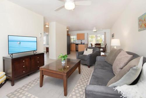 a living room with a couch and a flat screen tv at Snug Harbour View Condo #7 in George Town