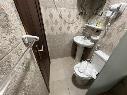 a small bathroom with a toilet and a sink at Osiris pyramids in Cairo