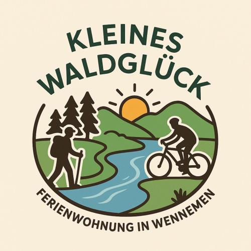 a logo for a biking workshop with a river and two people riding a bike at Kleines WaldGlück Wennemen in Meschede