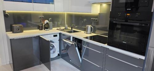 a kitchen with a sink and a stove at Luxury Smart Apartments in Szeged