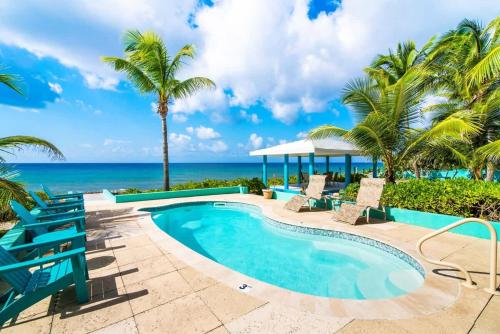 a swimming pool with palm trees and the ocean at Blue Vista Villa 5BR Sleeps 16 in Old Man Bay