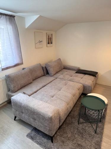 a living room with a large couch and a table at 2-Zimmer Souterrain Wohnung in Kehl am Rhein