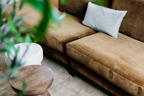 a brown couch with a white pillow and a table at MUS - Design accommodation with hot tub in Horssen