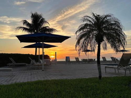 a beach with chairs and umbrellas and a palm tree at Georgetown Villas #203 in George Town
