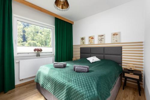维斯瓦River Park Wisła - Golden Forest的一间带绿色床和窗户的卧室