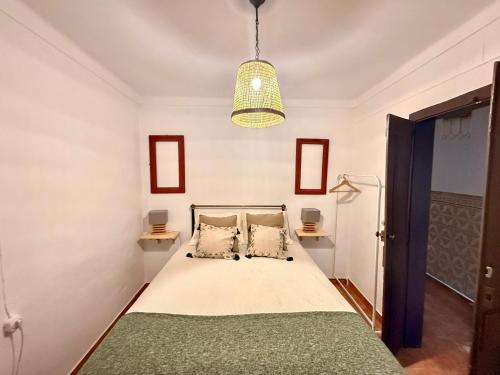 a bedroom with a bed and a pendant light at Casa da Tia Julia in Avis