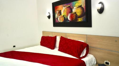a bed with red pillows and a painting on the wall at Gran Hotel Internacional Sanbara in Arauca
