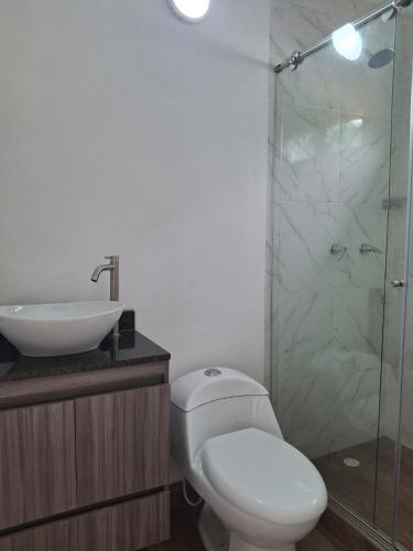 a bathroom with a toilet and a sink and a shower at Piedra Alcala in Ibagué