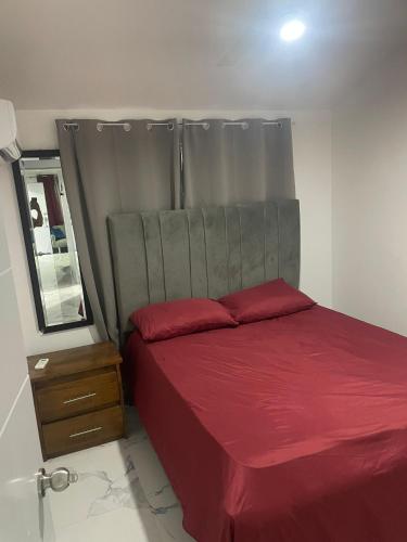 a bedroom with a bed with red sheets and a mirror at res Montesino in San Felipe de Puerto Plata