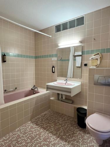 a bathroom with a sink and a tub and a toilet at Hôtel l'Orée des Roches in Saales