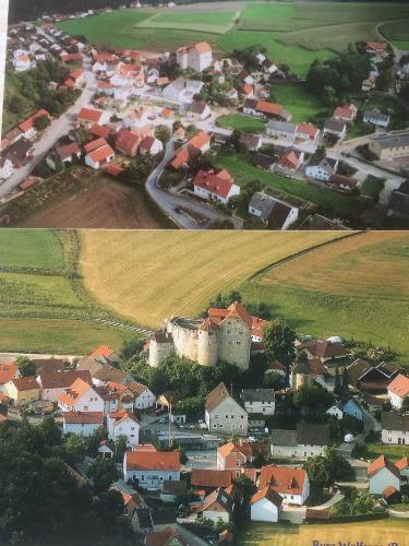 two pictures of a small town with a castle at Zur Krone in Wolfsegg