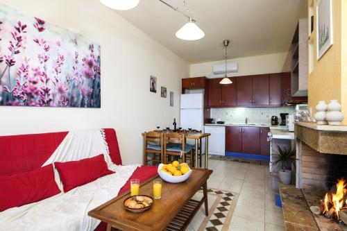 a living room with a red couch and a fireplace at Kiveri Gems Houses in Kivérion