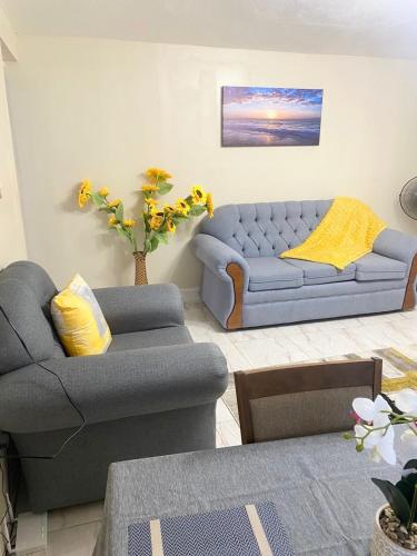 a living room with a blue couch and a chair at Aristo Oasis, Luxury Guest suite in Santa Cruz in Santa Cruz