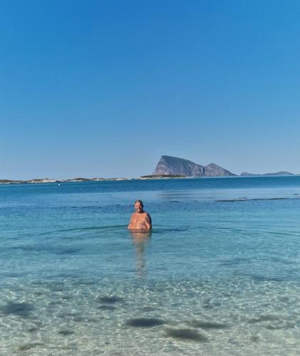a man standing in the water in the ocean at Sommarøy Aurora apartment in Tromsø