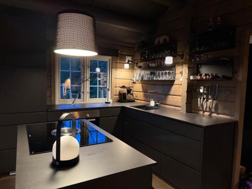 una cucina con lavandino e lampada sul bancone di No 105 Kongelberget a Bjorli