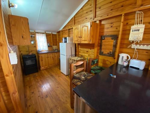 a kitchen with wooden walls and wooden floors and a refrigerator at Nullarbor Cottages in Magaliesburg