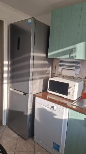 a kitchen with a refrigerator and a microwave at Erika Apartman in Szentgyörgyvölgy