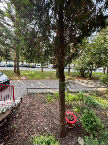 a park with a red bench next to a tree at ARD Apartment Nitra Centrum in Nitra