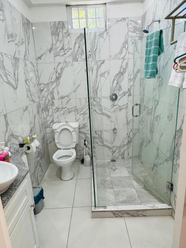 a bathroom with a shower and a toilet at The PoolSide Pad- 5 mins from Airport & Beaches in Bon Accord