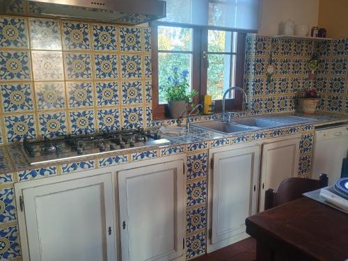 a kitchen with blue and white tiles on the wall at Villa Novi Tuscany in Mortaiolo
