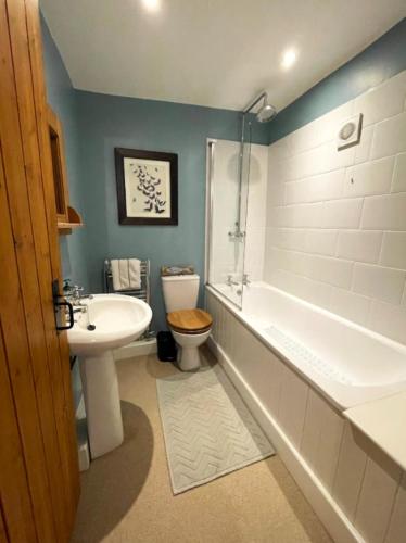 a bathroom with a toilet and a tub and a sink at Smith Yard Cottage, Ashbourne in Ashbourne