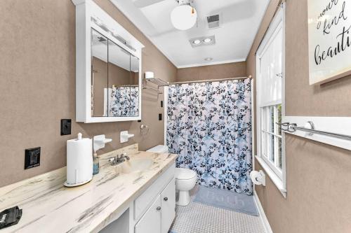 a bathroom with a sink and a toilet and a shower at Spacious Augusta Retreat Near Augusta National in Augusta