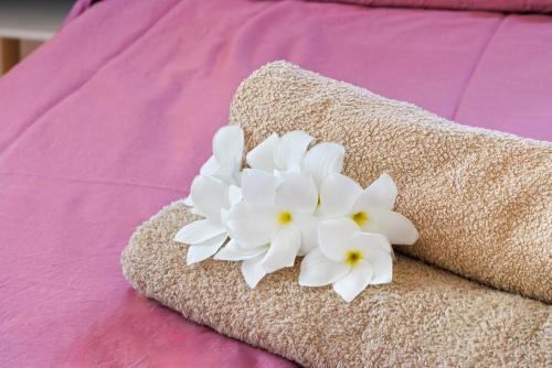 a white flower on top of a towel on a bed at Casa Juno in Fontein