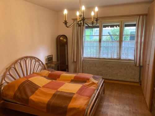 a bedroom with a bed and a large window at Haus Anton in Sankt Aegyd am Neuwalde