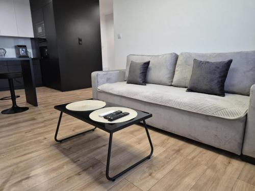 a living room with a couch and a table at Apartament przy WROCZYŃSKIEGO 5 z miejscem garażowym in Biała Podlaska
