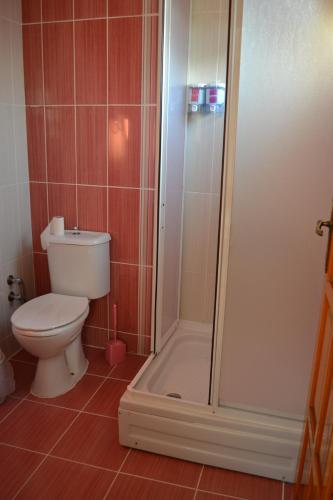 a bathroom with a toilet and a shower at Aspawa Hotel in Pamukkale