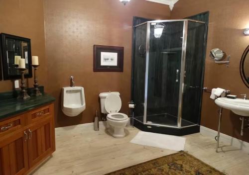 a bathroom with a shower and a toilet and a sink at Erik's Ranch in Livingston